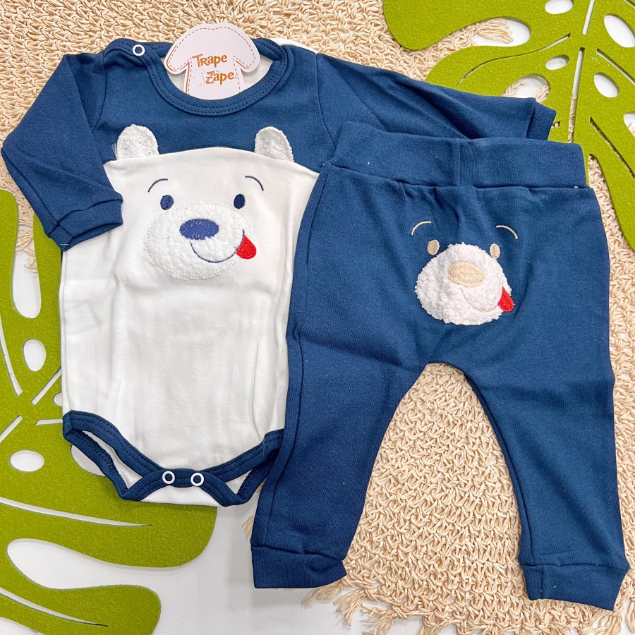 Conj. Body Manga Longa e Calça Ursinho - Off White e Marinho